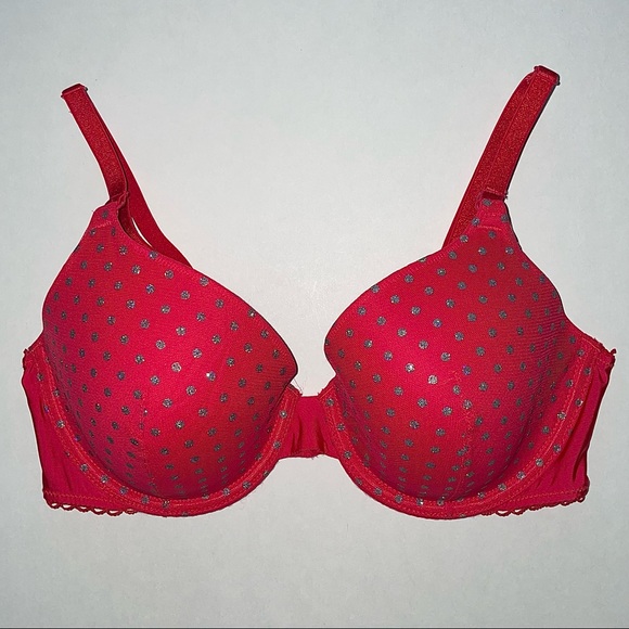 Victoria’s Secret perfect coverage red silver glitter sparkle polka dots bra 34C - Picture 1 of 4